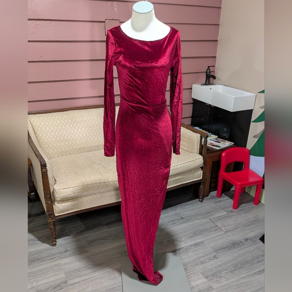 None Dresses & Skirts - Red Velvet Long Sleeve Gown